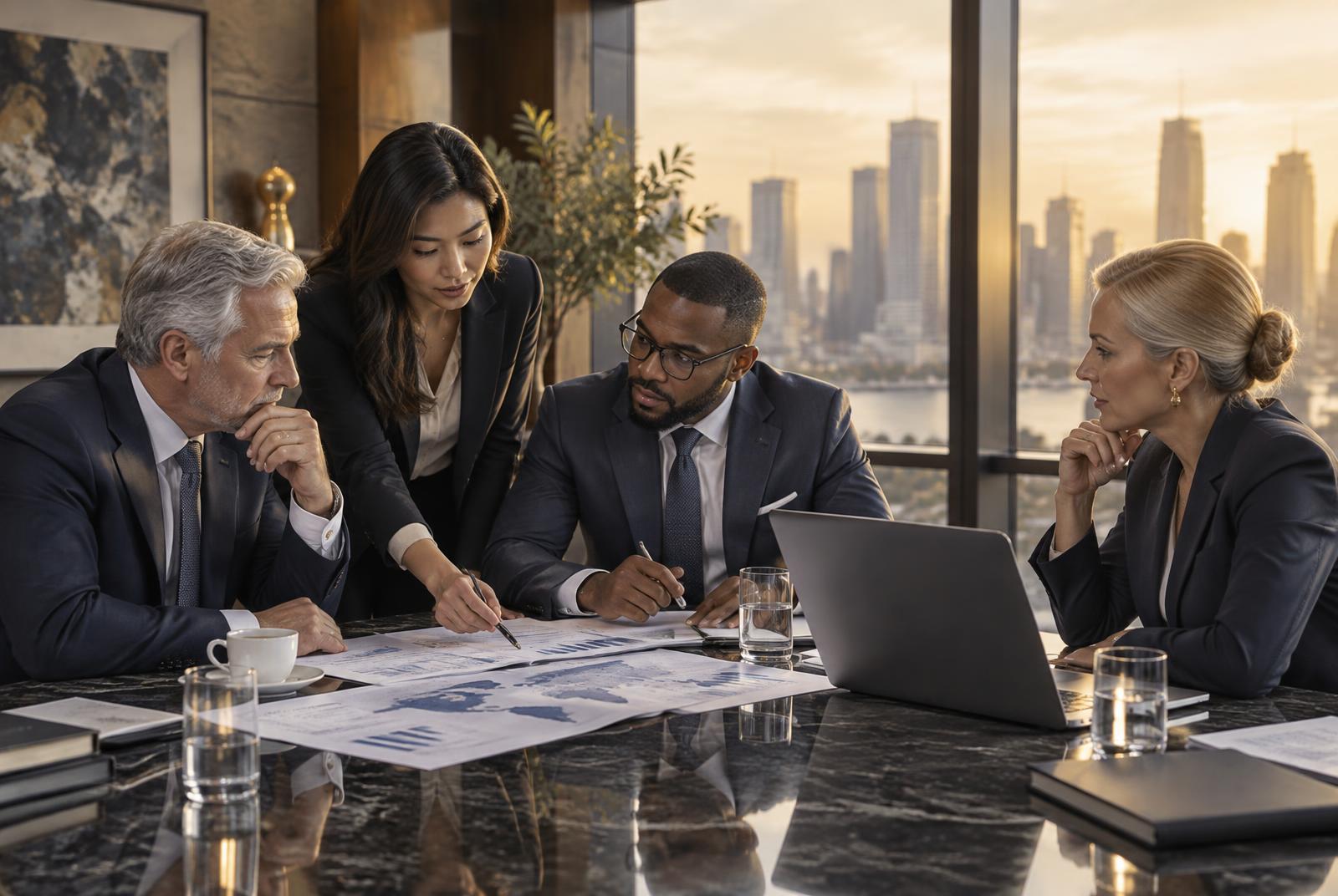 Investment professionals reviewing portfolio research